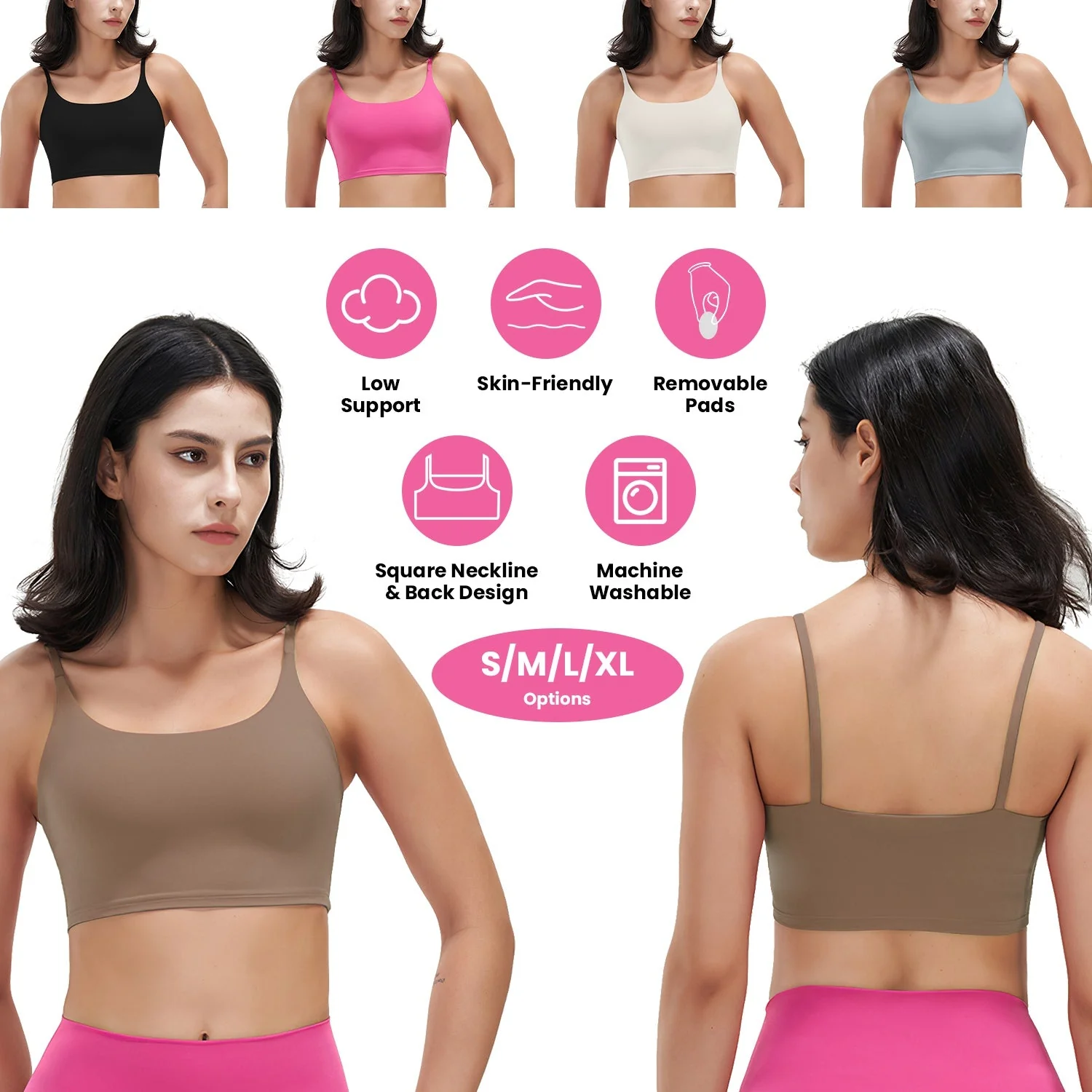 Women Strap Sport Bras Padded Strappy Crop Square Neck Low Impact Bras Sexy Fitness Tank Tops with Removable Pads Flat Straps for Gym Yoga Workout Run - Image 3