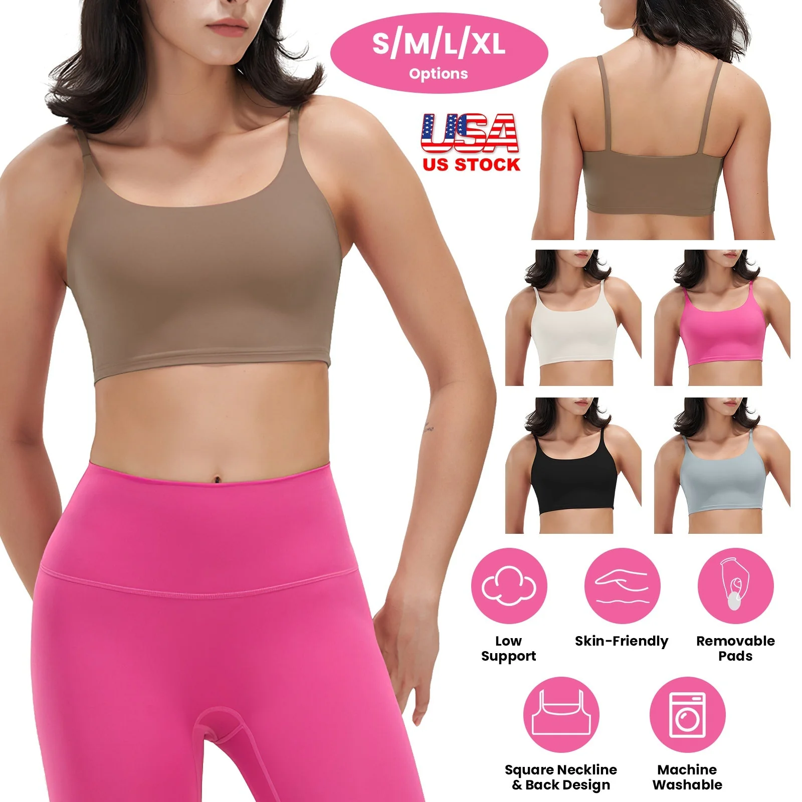 Women Strap Sport Bras Padded Strappy Crop Square Neck Low Impact Bras Sexy Fitness Tank Tops with Removable Pads Flat Straps for Gym Yoga Workout Run - Image 4