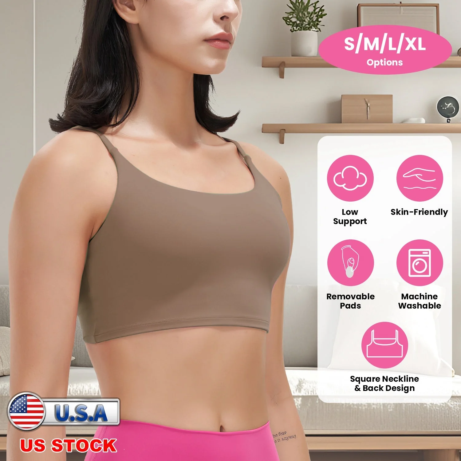 Women Strap Sport Bras Padded Strappy Crop Square Neck Low Impact Bras Sexy Fitness Tank Tops with Removable Pads Flat Straps for Gym Yoga Workout Run - Image 5