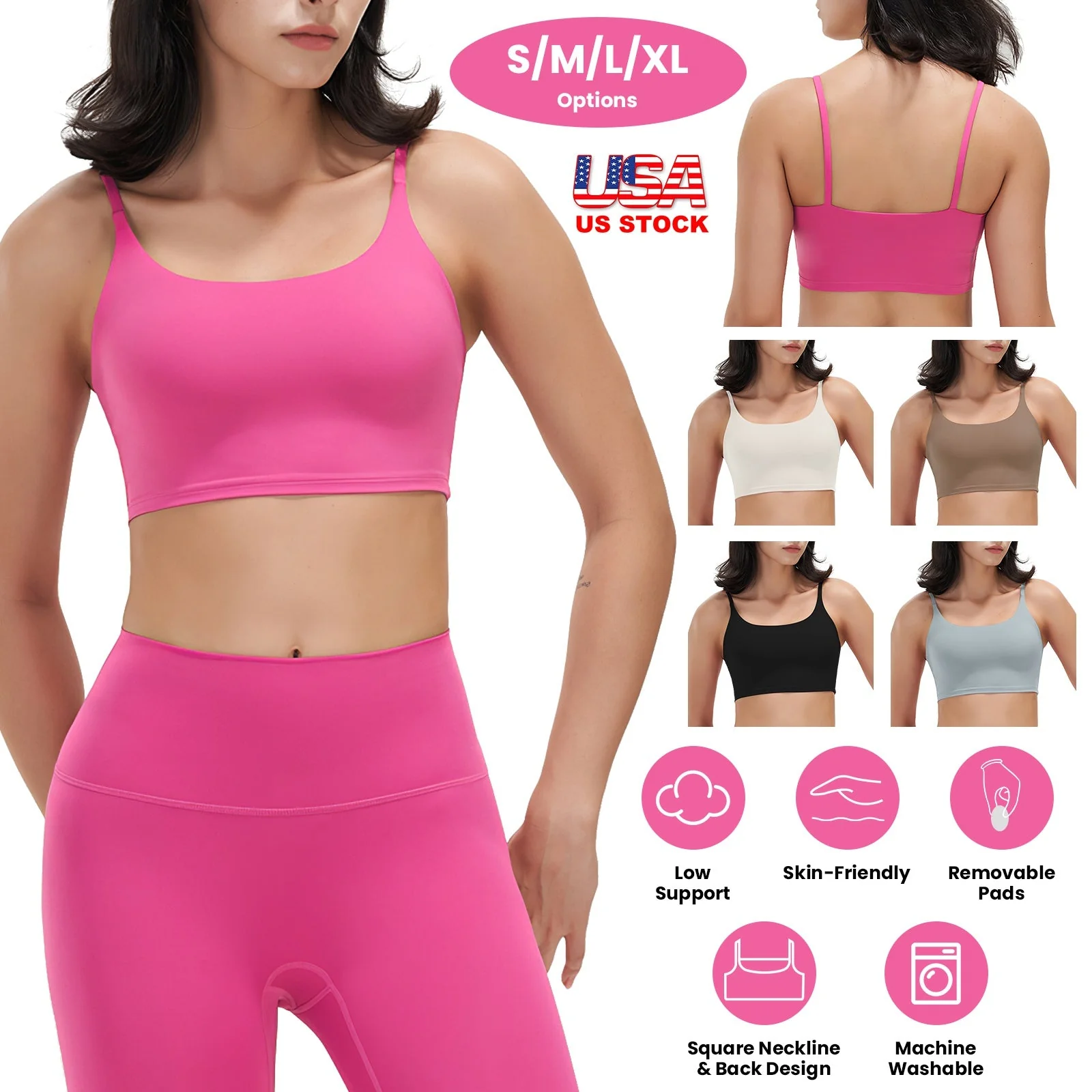 Women Strap Sport Bras Padded Strappy Crop Square Neck Low Impact Bras Sexy Fitness Tank Tops with Removable Pads Flat Straps for Gym Yoga Workout Run - Image 3