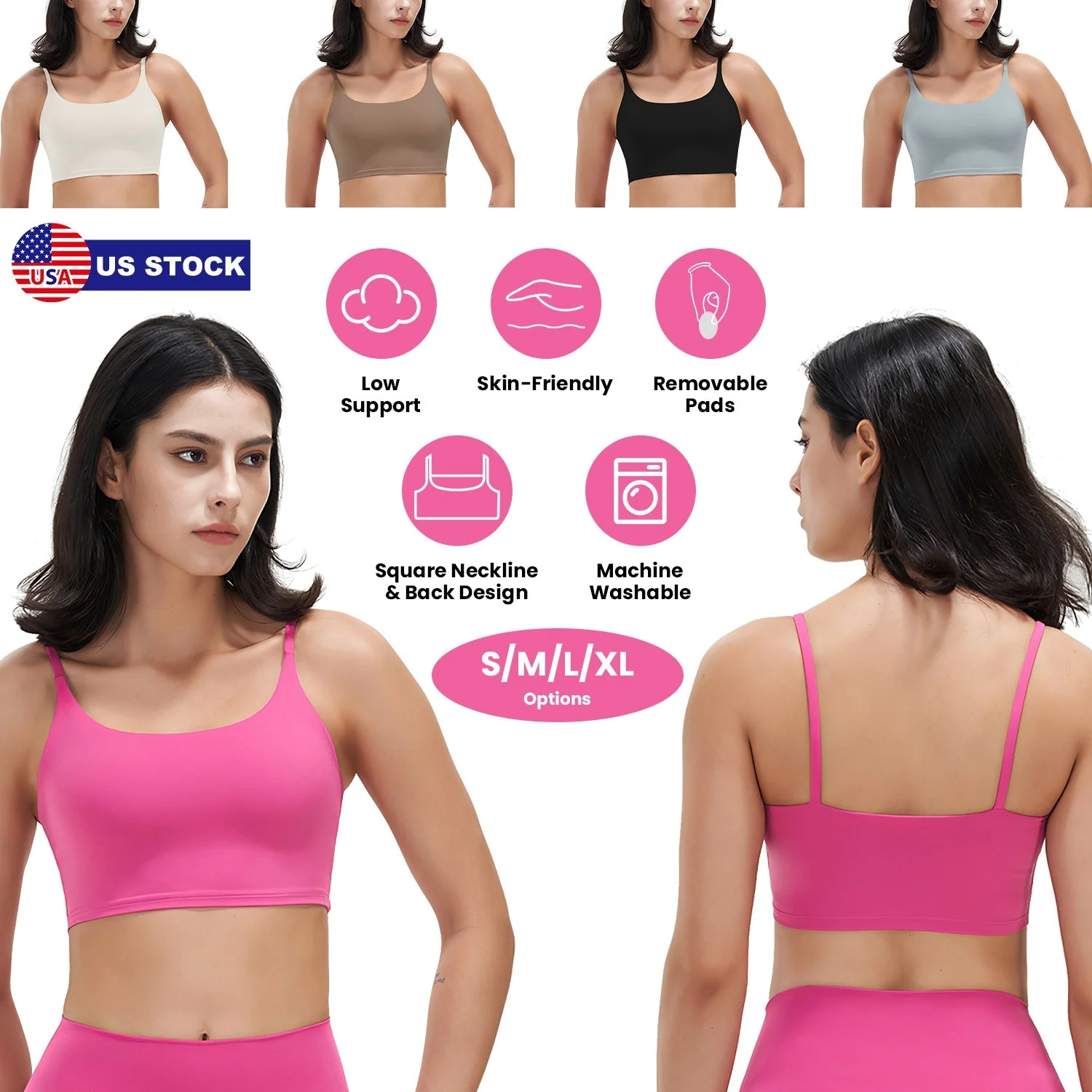 Women Strap Sport Bras Padded Strappy Crop Square Neck Low Impact Bras Sexy Fitness Tank Tops with Removable Pads Flat Straps for Gym Yoga Workout Run - Image 5