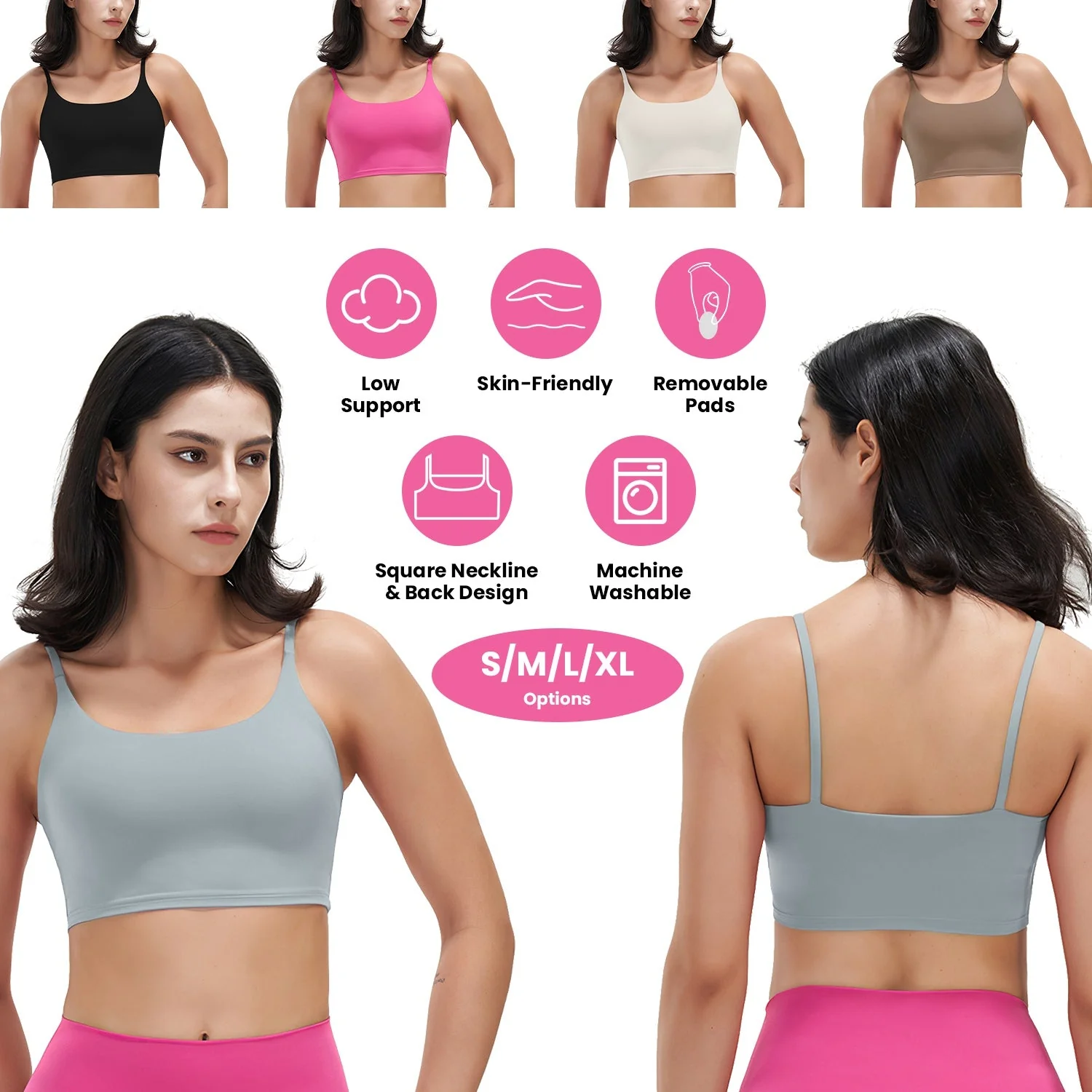 Women Strap Sport Bras Padded Strappy Crop Square Neck Low Impact Bras Sexy Fitness Tank Tops with Removable Pads Flat Straps for Gym Yoga Workout Run - Image 2