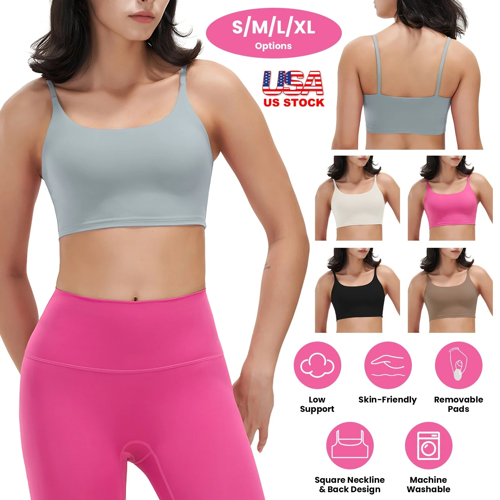 Women Strap Sport Bras Padded Strappy Crop Square Neck Low Impact Bras Sexy Fitness Tank Tops with Removable Pads Flat Straps for Gym Yoga Workout Run - Image 3