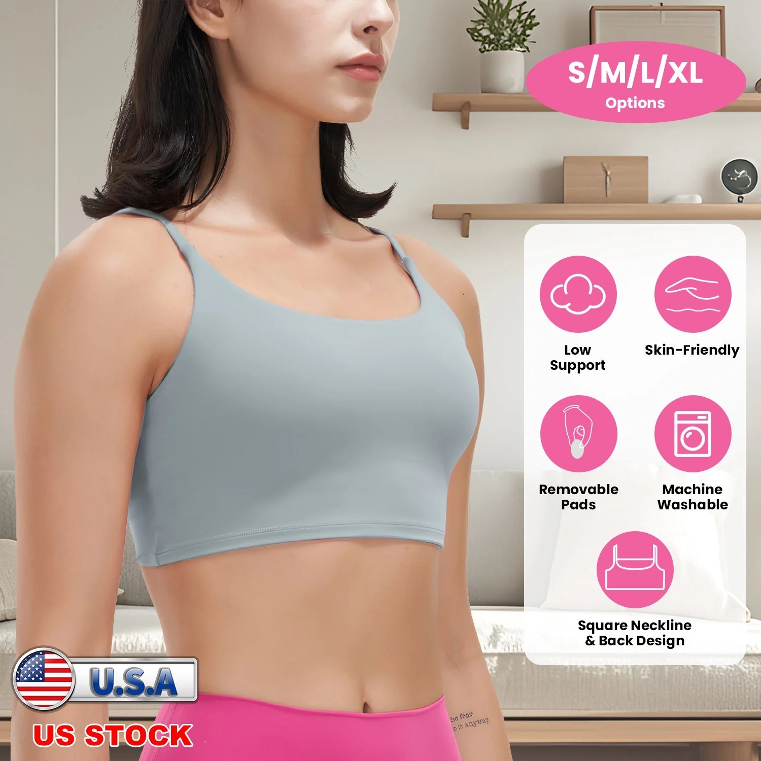 Women Strap Sport Bras Padded Strappy Crop Square Neck Low Impact Bras Sexy Fitness Tank Tops with Removable Pads Flat Straps for Gym Yoga Workout Run - Image 4