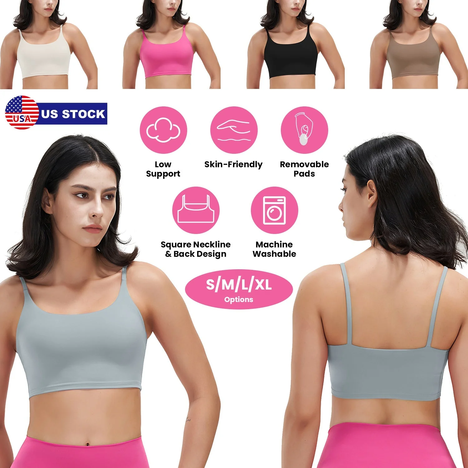 Women Strap Sport Bras Padded Strappy Crop Square Neck Low Impact Bras Sexy Fitness Tank Tops with Removable Pads Flat Straps for Gym Yoga Workout Run - Image 5
