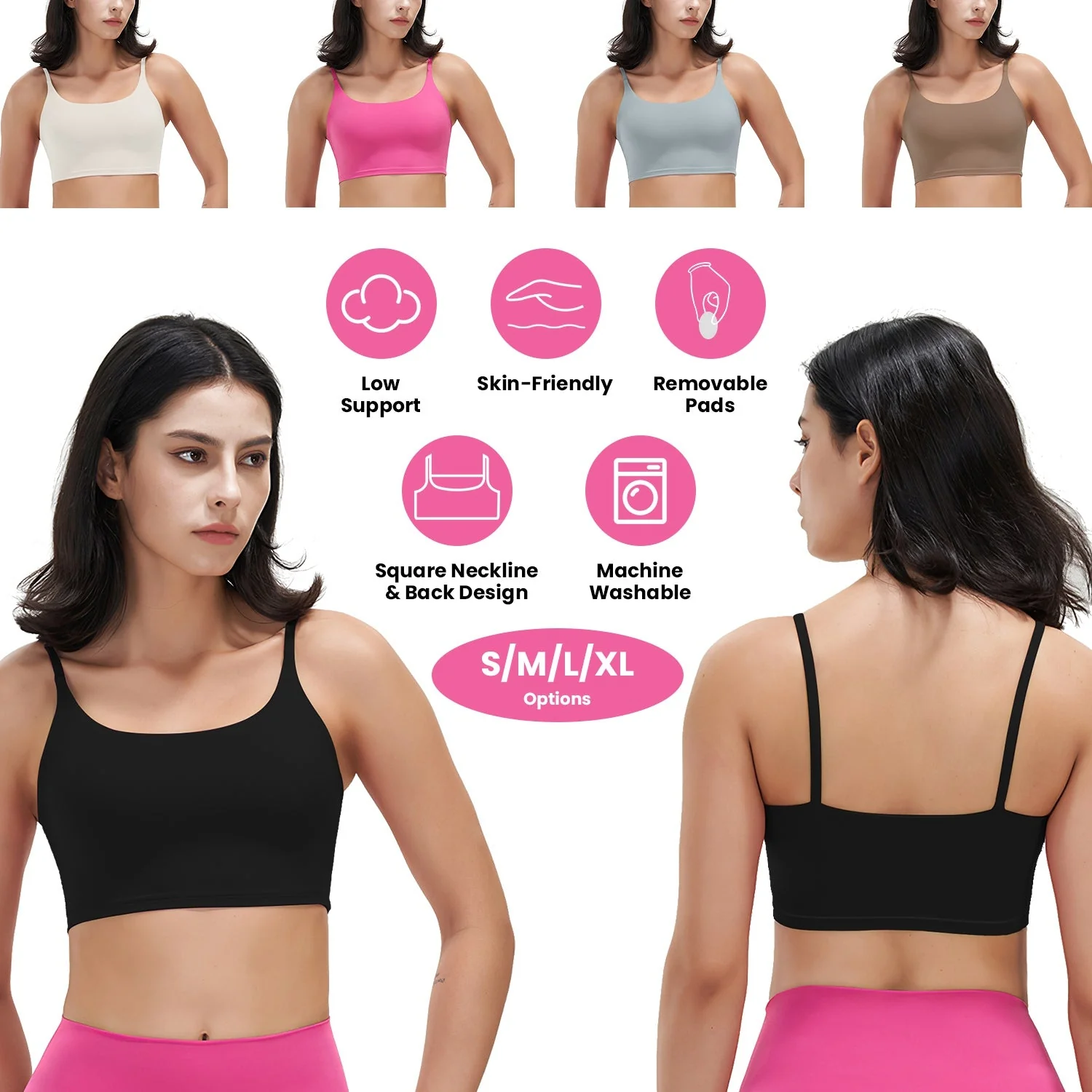 Women Strap Sport Bras Padded Strappy Crop Square Neck Low Impact Bras Sexy Fitness Tank Tops with Removable Pads Flat Straps for Gym Yoga Workout Run - Image 3