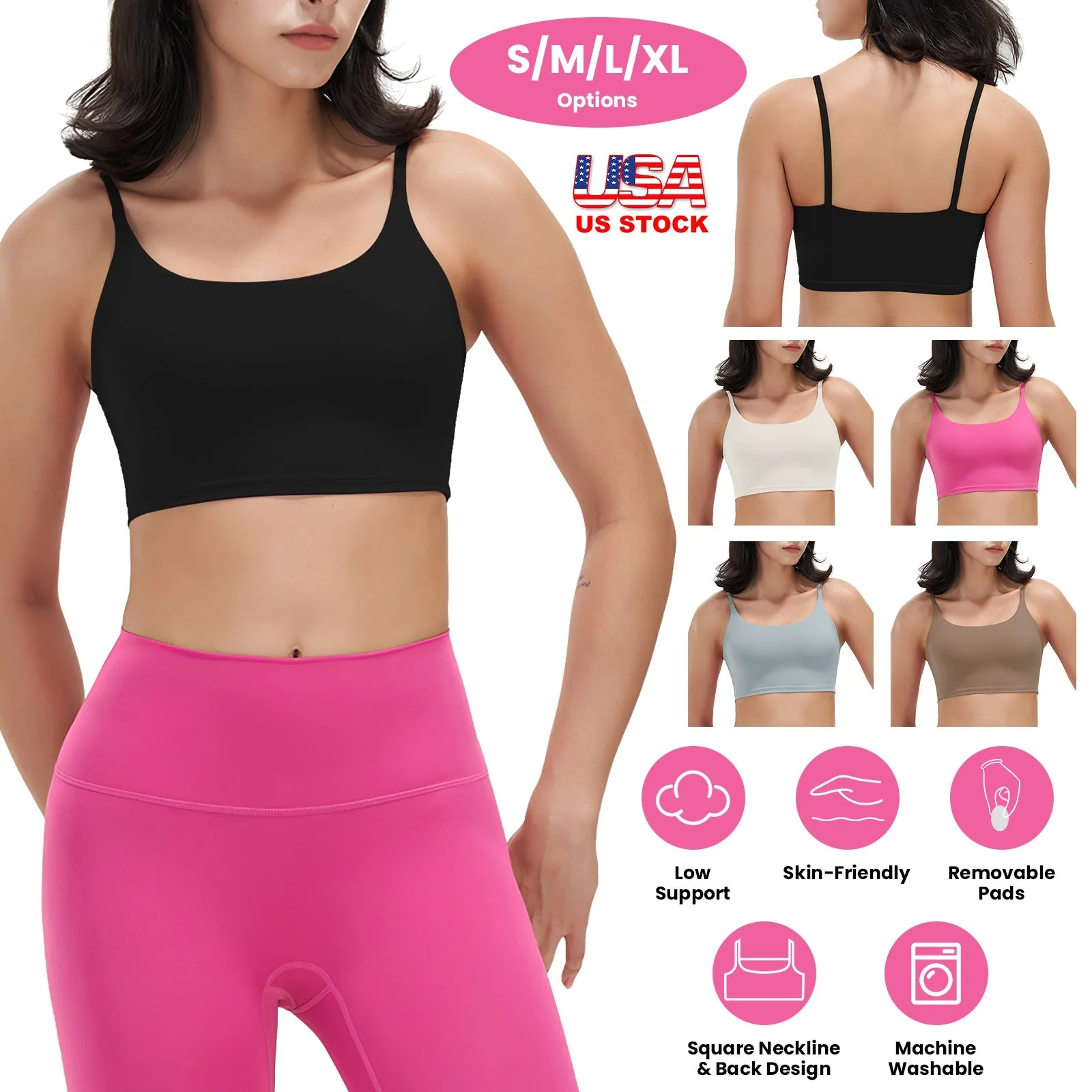 Women Strap Sport Bras Padded Strappy Crop Square Neck Low Impact Bras Sexy Fitness Tank Tops with Removable Pads Flat Straps for Gym Yoga Workout Run - Image 4
