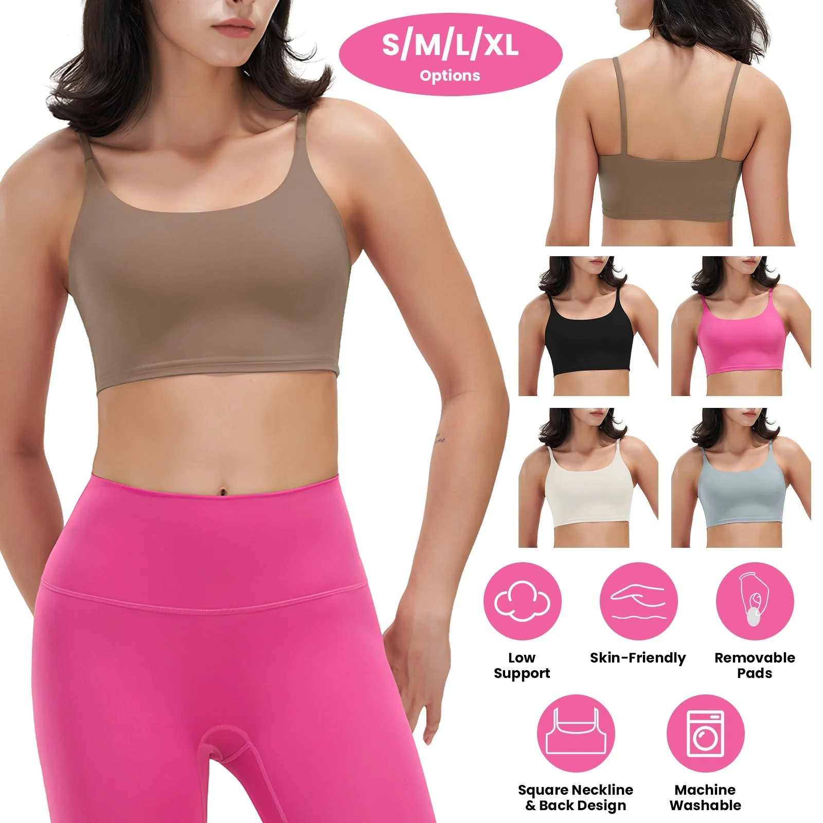 Women Strap Sport Bras Padded Strappy Crop Square Neck Low Impact Bras Sexy Fitness Tank Tops with Removable Pads Flat Straps for Gym Yoga Workout Run - Image 3