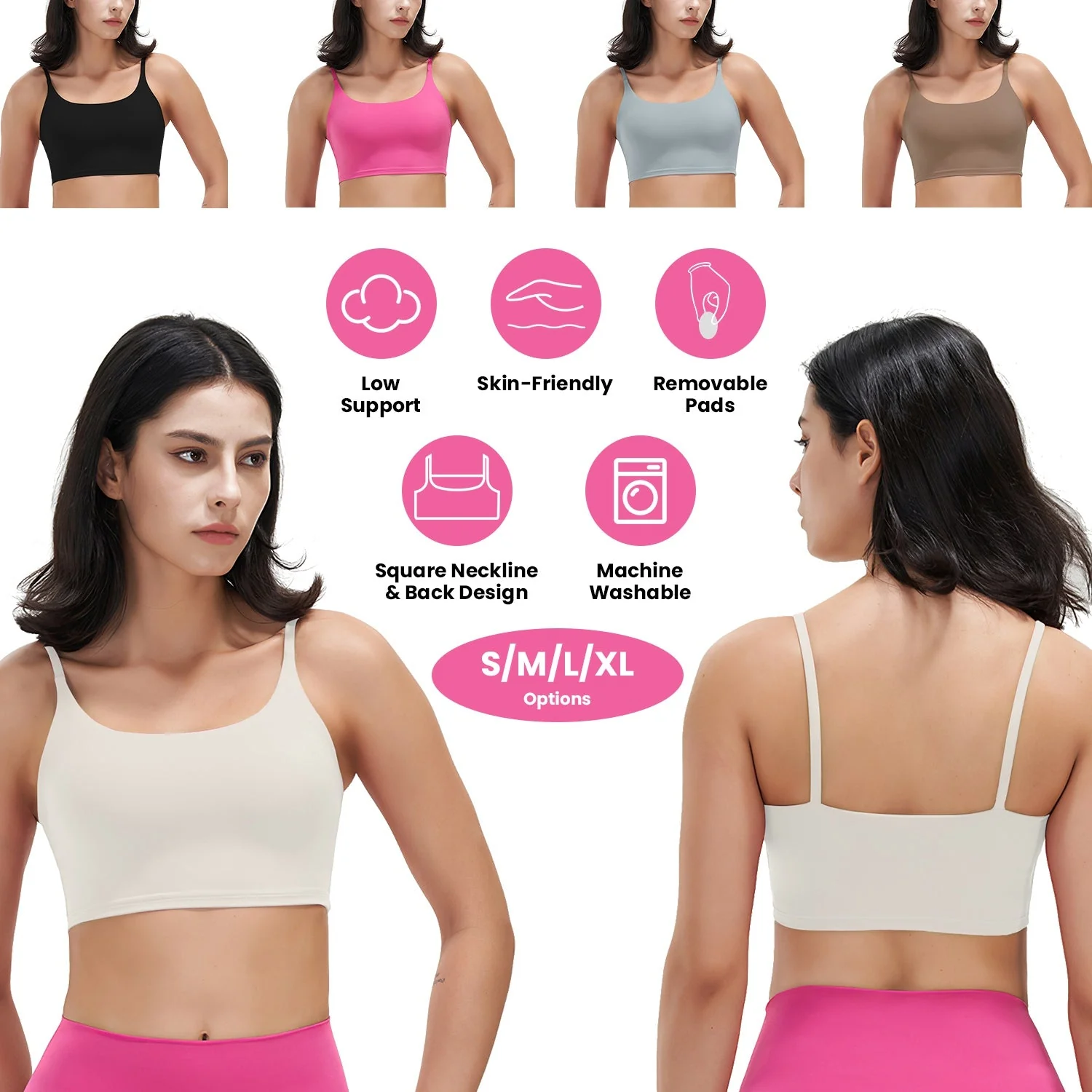 Women Strap Sport Bras Padded Strappy Crop Square Neck Low Impact Bras Sexy Fitness Tank Tops with Removable Pads Flat Straps for Gym Yoga Workout Run - Image 2