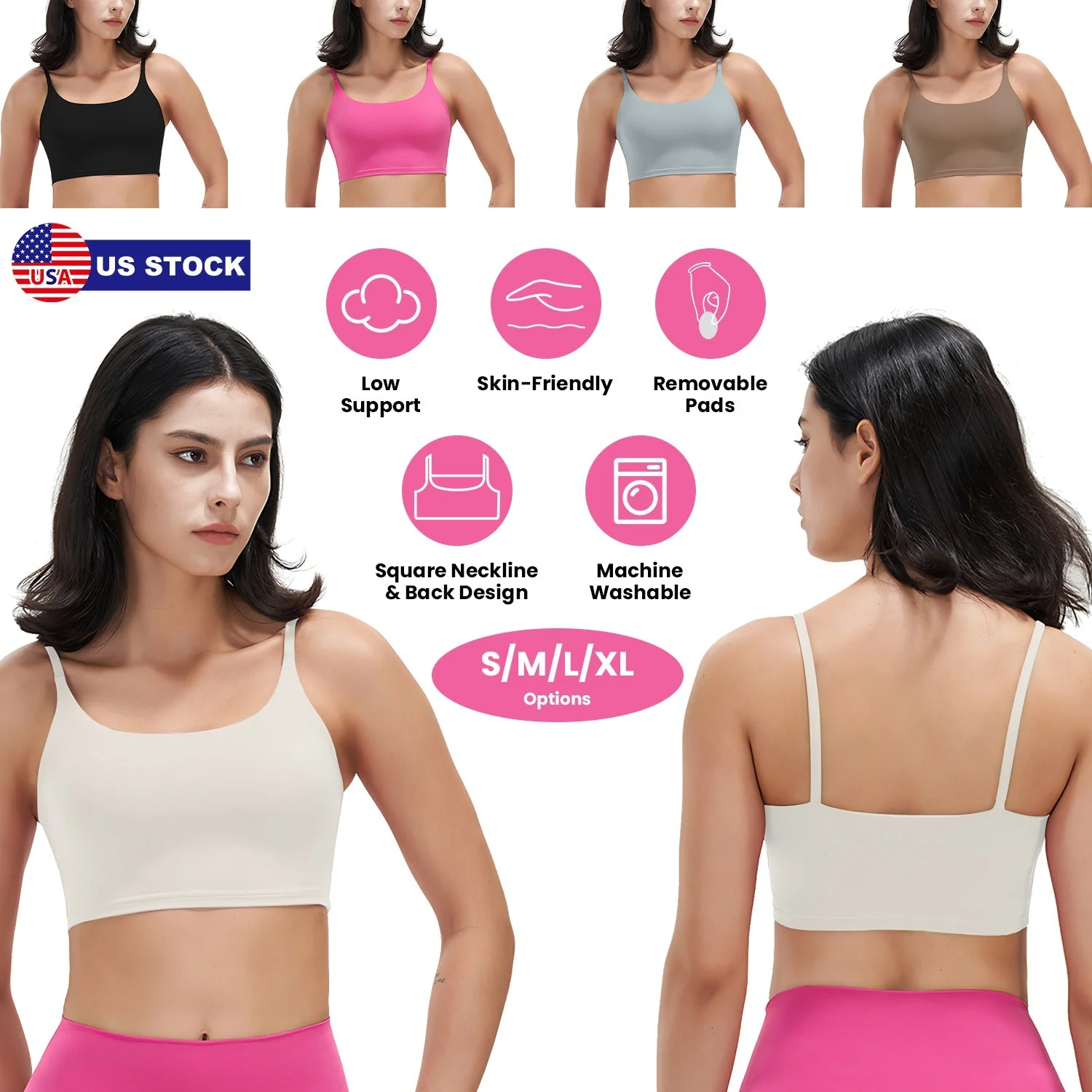 Women Strap Sport Bras Padded Strappy Crop Square Neck Low Impact Bras Sexy Fitness Tank Tops with Removable Pads Flat Straps for Gym Yoga Workout Run - Image 3