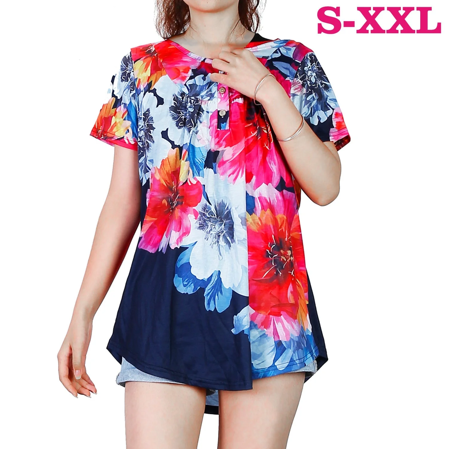 Women Summer Shirts Tops Loose Short Sleeve T Shirts Casual Floral Printed Button Shirts Blouse S-XXL - Image 2