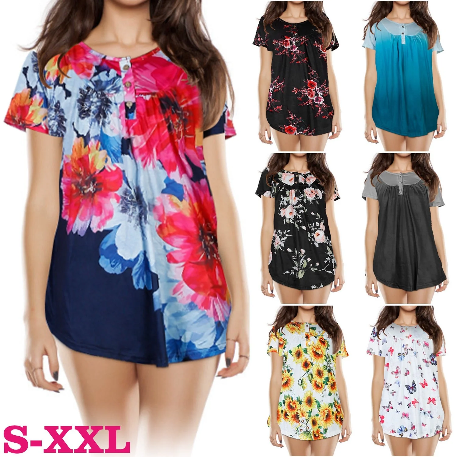 Women Summer Shirts Tops Loose Short Sleeve T Shirts Casual Floral Printed Button Shirts Blouse S-XXL - Image 4