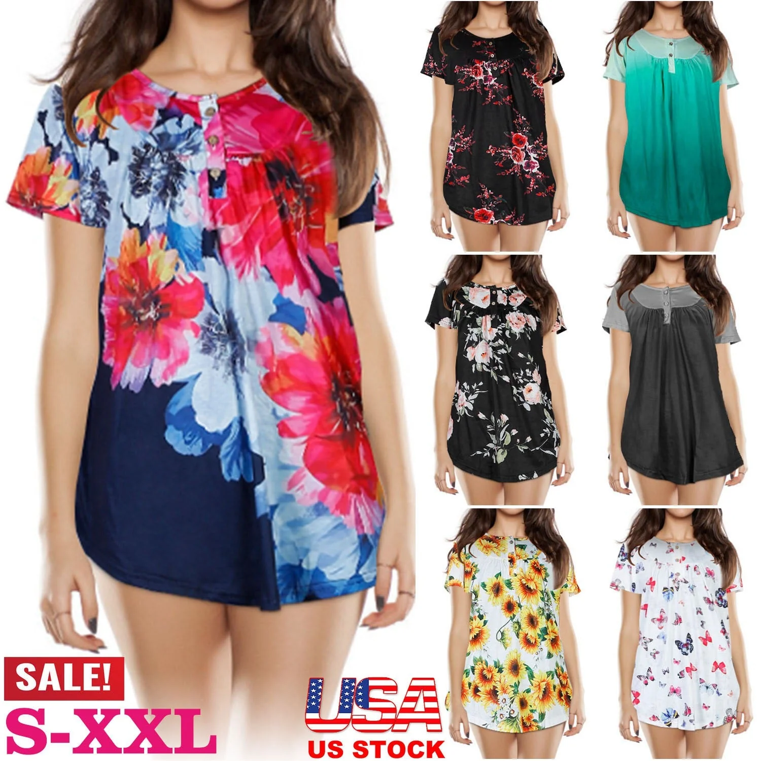 Women Summer Shirts Tops Loose Short Sleeve T Shirts Casual Floral Printed Button Shirts Blouse S-XXL - Image 4