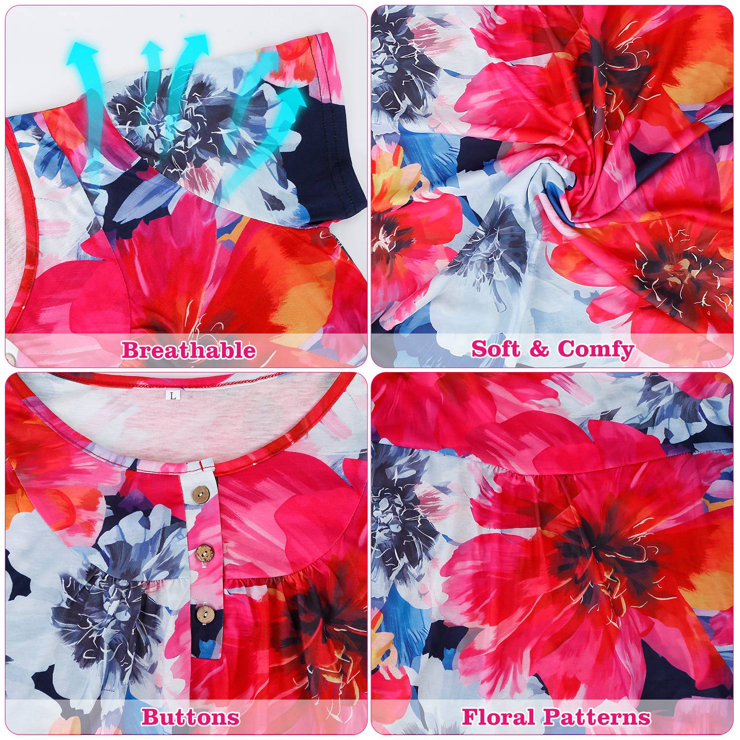 Women Summer Shirts Tops Loose Short Sleeve T Shirts Casual Floral Printed Button Shirts Blouse S-XXL - Image 6