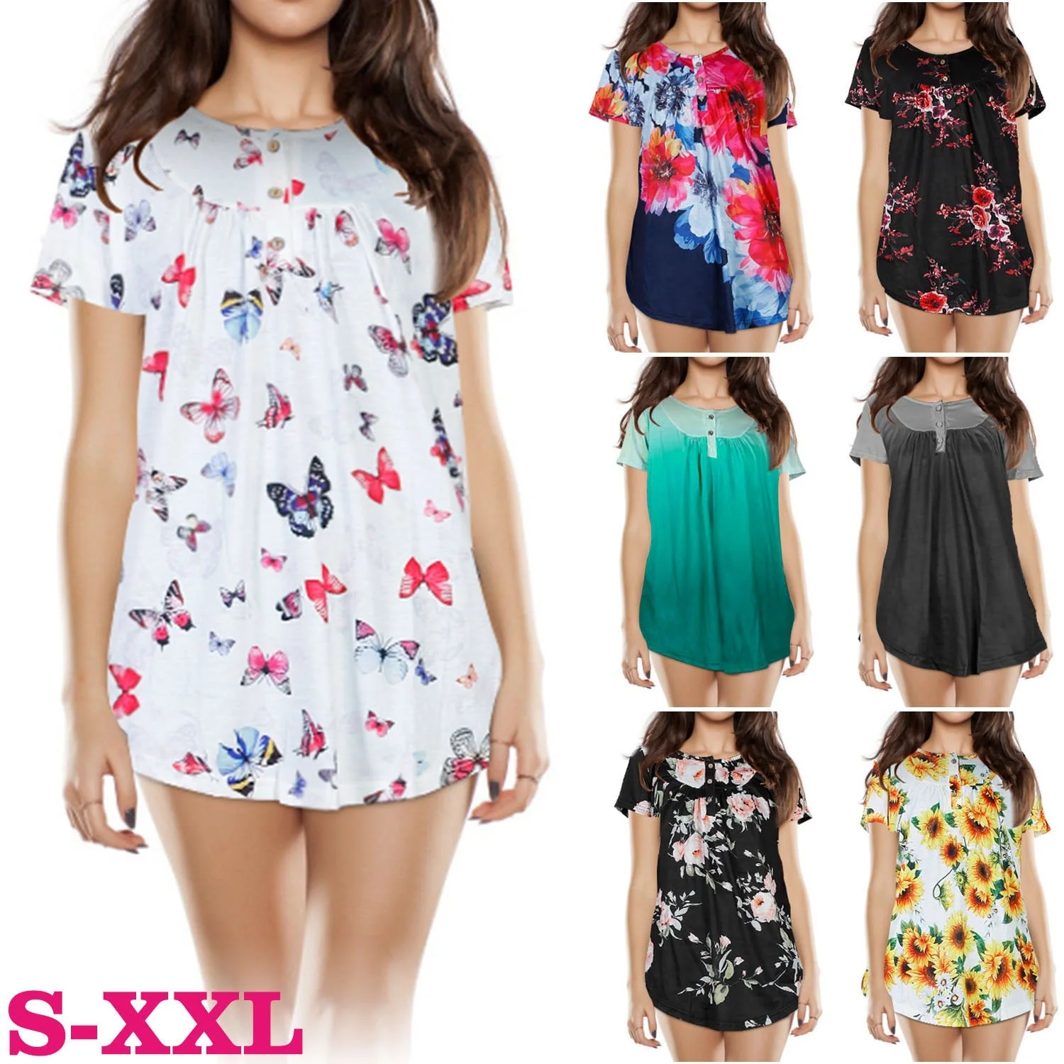 Women Summer Shirts Tops Loose Short Sleeve T Shirts Casual Floral Printed Button Shirts Blouse S-XXL - Image 4