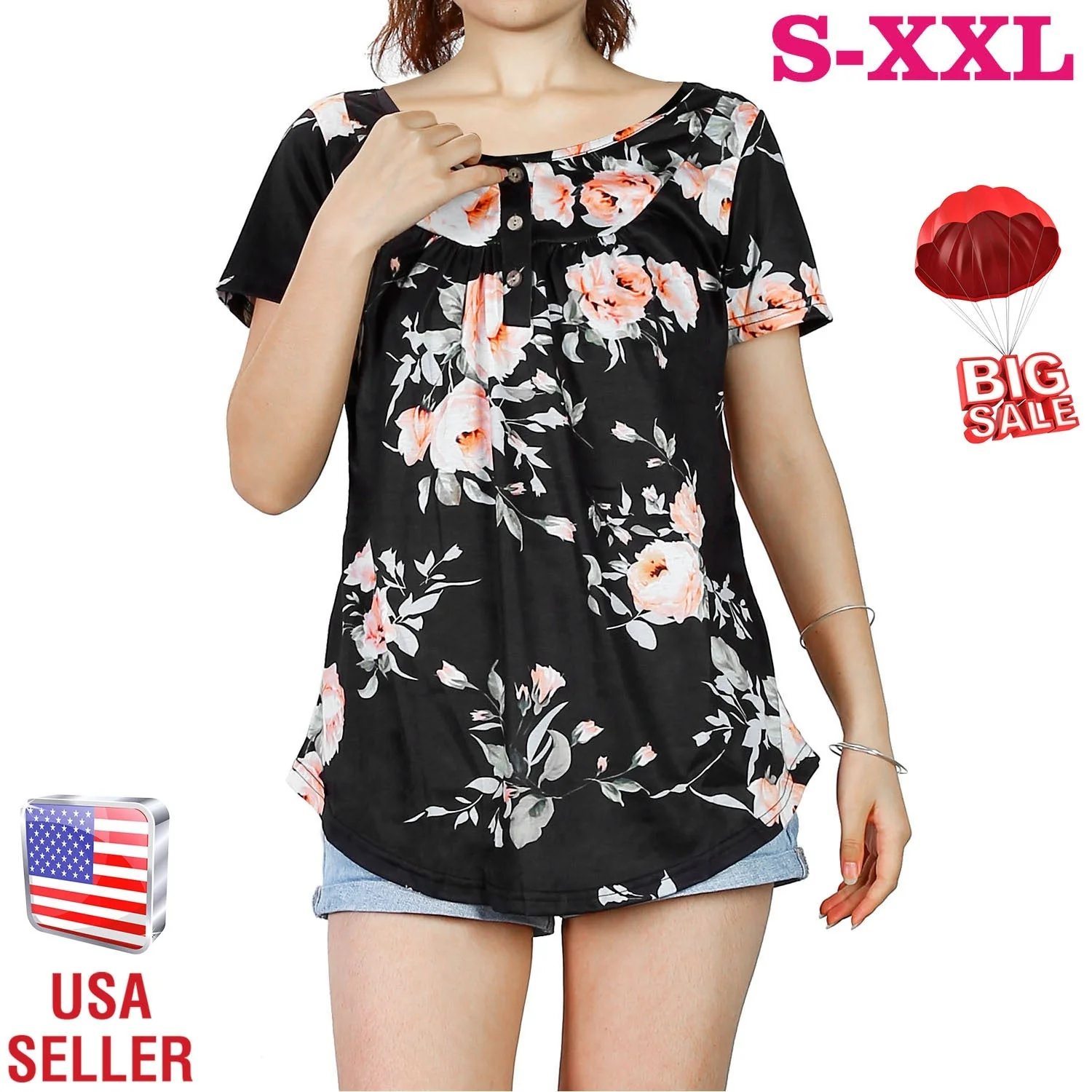 Women Summer Shirts Tops Loose Short Sleeve T Shirts Casual Floral Printed Button Shirts Blouse S-XXL - Image 3