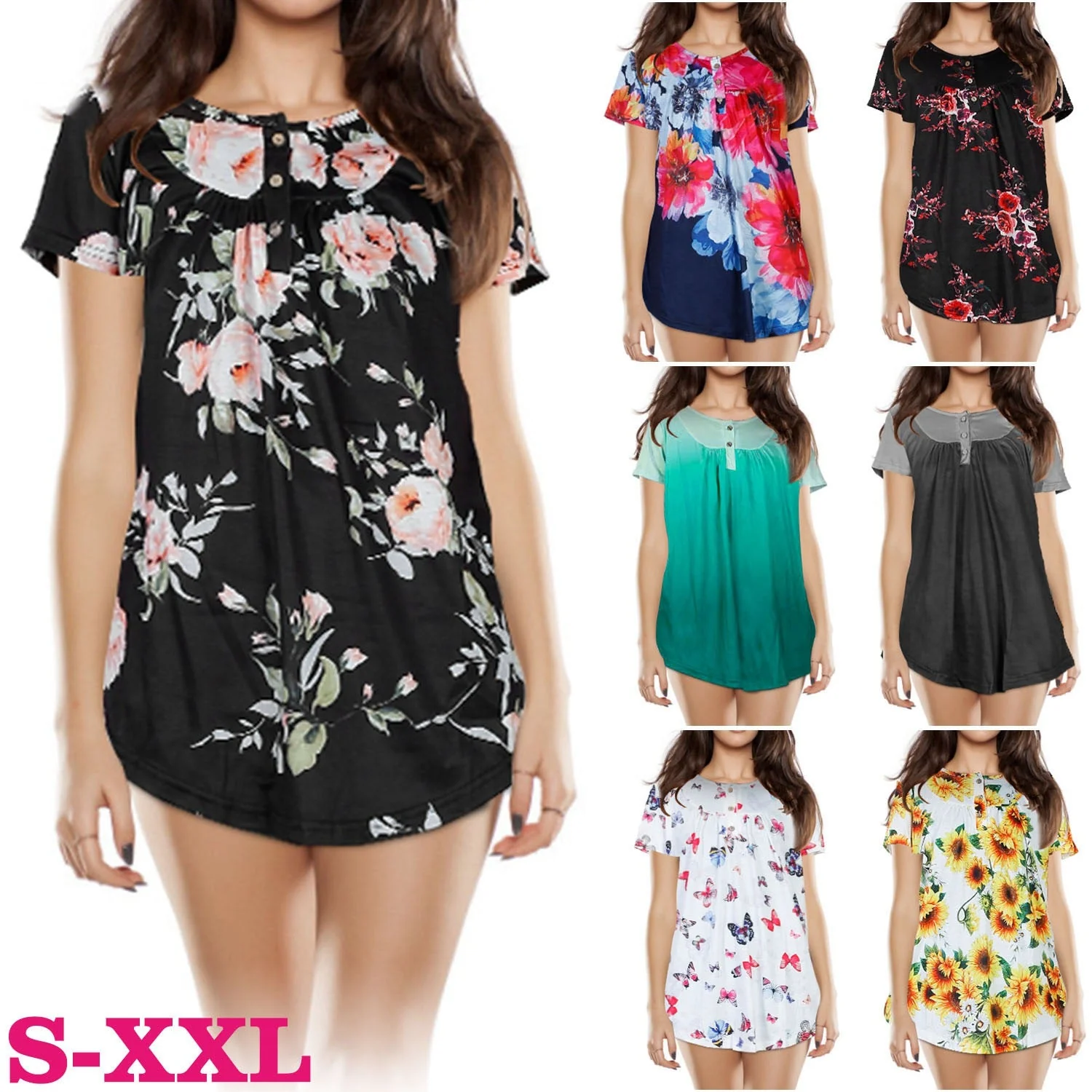 Women Summer Shirts Tops Loose Short Sleeve T Shirts Casual Floral Printed Button Shirts Blouse S-XXL - Image 4