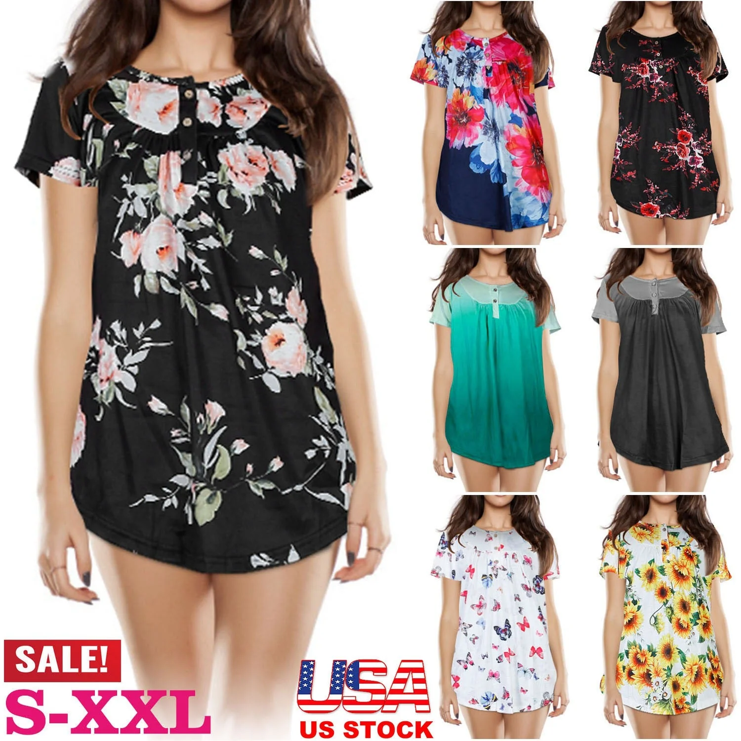 Women Summer Shirts Tops Loose Short Sleeve T Shirts Casual Floral Printed Button Shirts Blouse S-XXL - Image 5