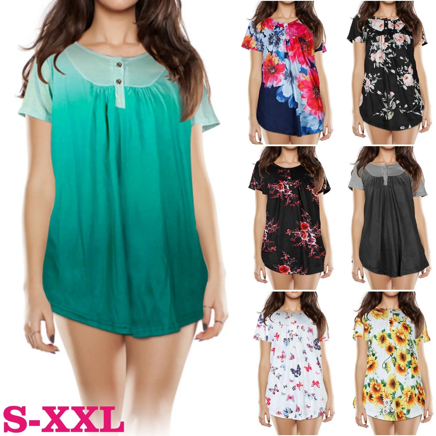 Women Summer Shirts Tops Loose Short Sleeve T Shirts Casual Floral Printed Button Shirts Blouse S-XXL - Image 4