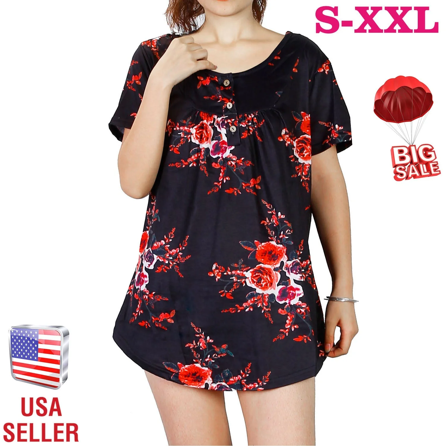 Women Summer Shirts Tops Loose Short Sleeve T Shirts Casual Floral Printed Button Shirts Blouse S-XXL - Image 3