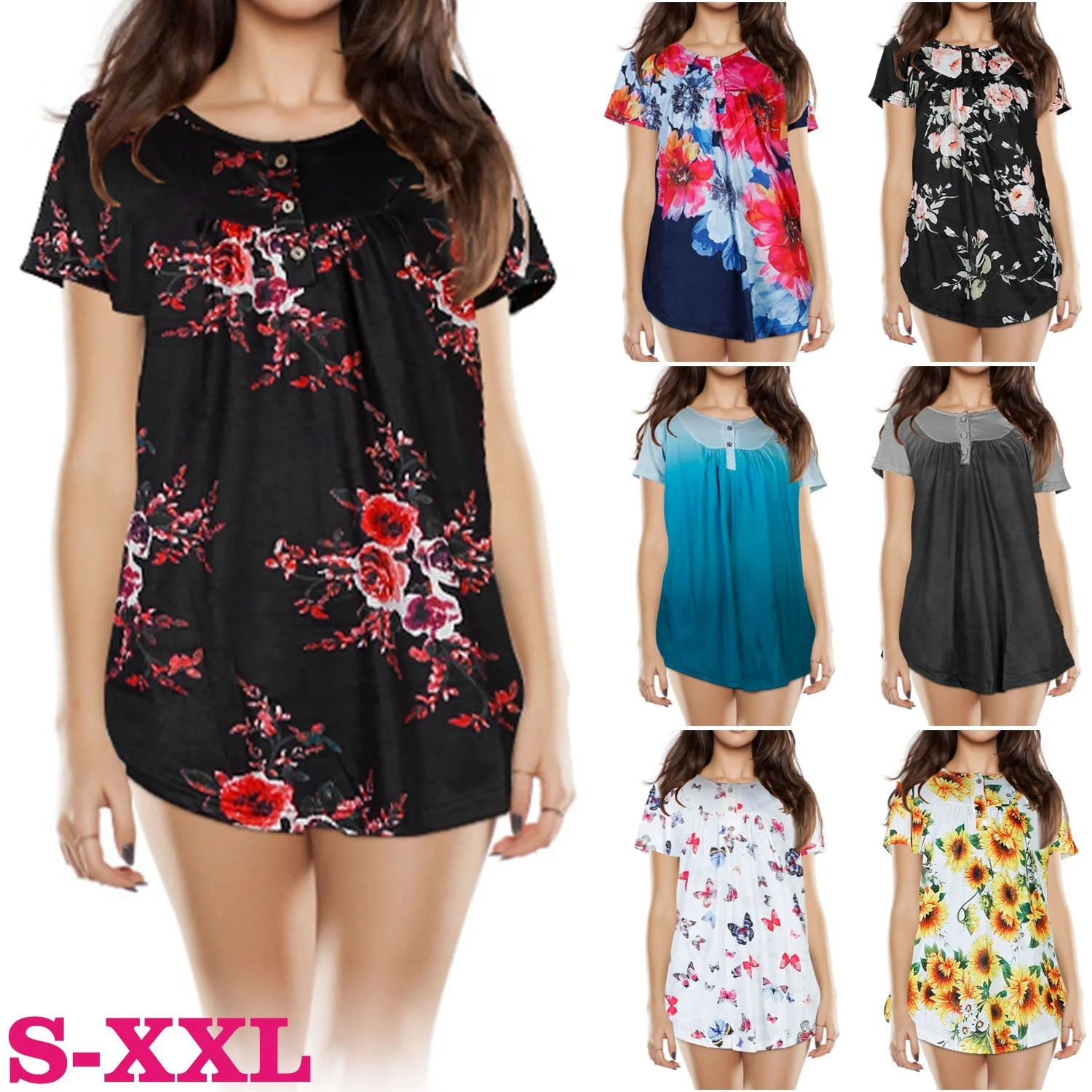 Women Summer Shirts Tops Loose Short Sleeve T Shirts Casual Floral Printed Button Shirts Blouse S-XXL - Image 4
