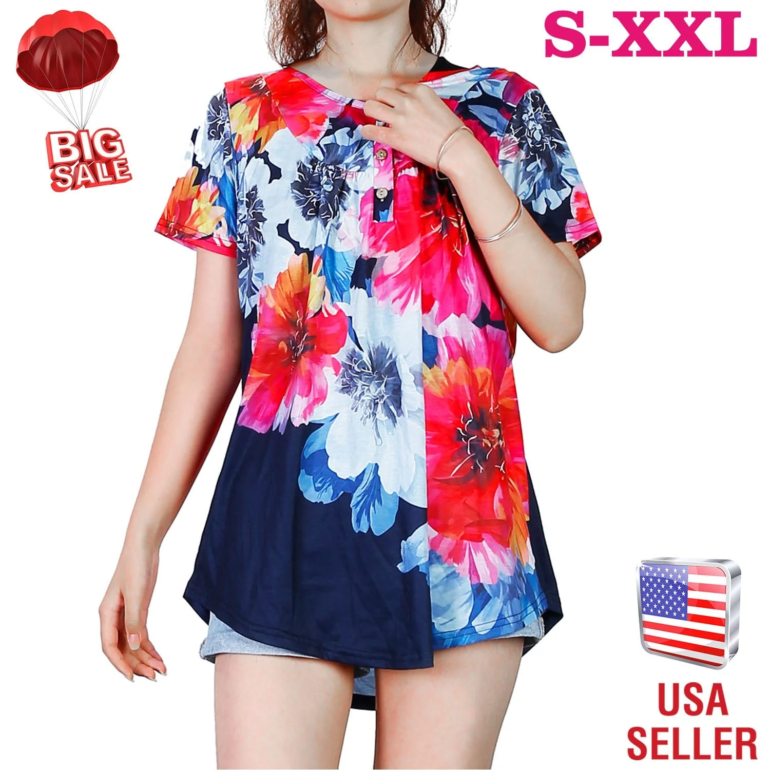 Women Summer Shirts Tops Loose Short Sleeve T Shirts Casual Floral Printed Button Shirts Blouse S-XXL - Image 3