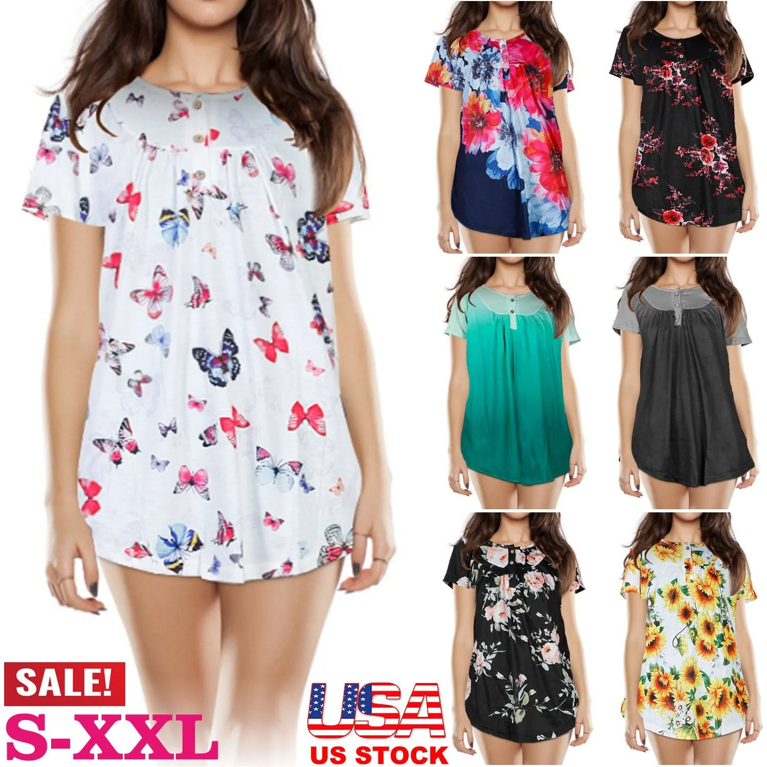 Women Summer Shirts Tops Loose Short Sleeve T Shirts Casual Floral Printed Button Shirts Blouse S-XXL - Image 5