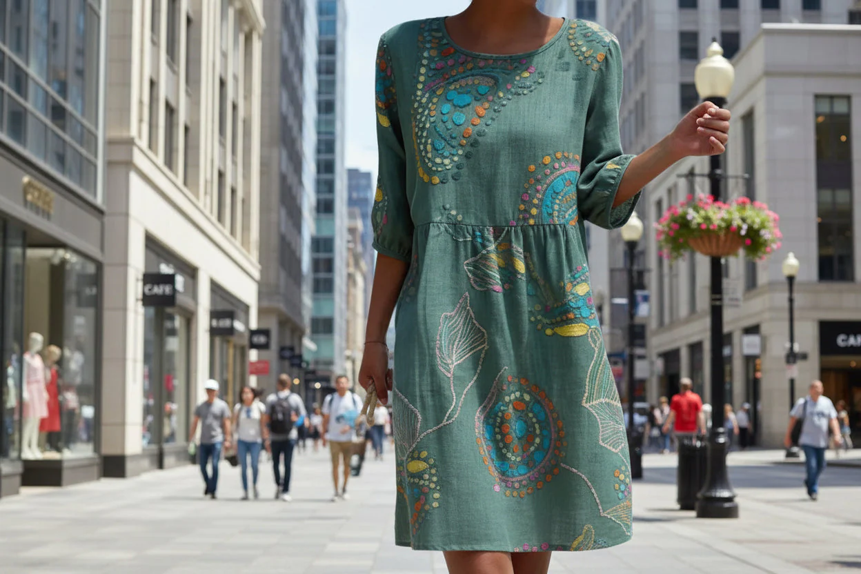 Women's 3D Floral Print Long-Sleeve A-Line Dress – Crew Neck Loose Fit - Image 2