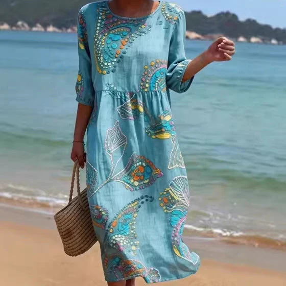 Women's 3D Floral Print Long-Sleeve A-Line Dress – Crew Neck Loose Fit - Image 4