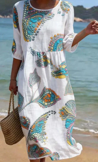 Women's 3D Floral Print Long-Sleeve A-Line Dress – Crew Neck Loose Fit - Image 7