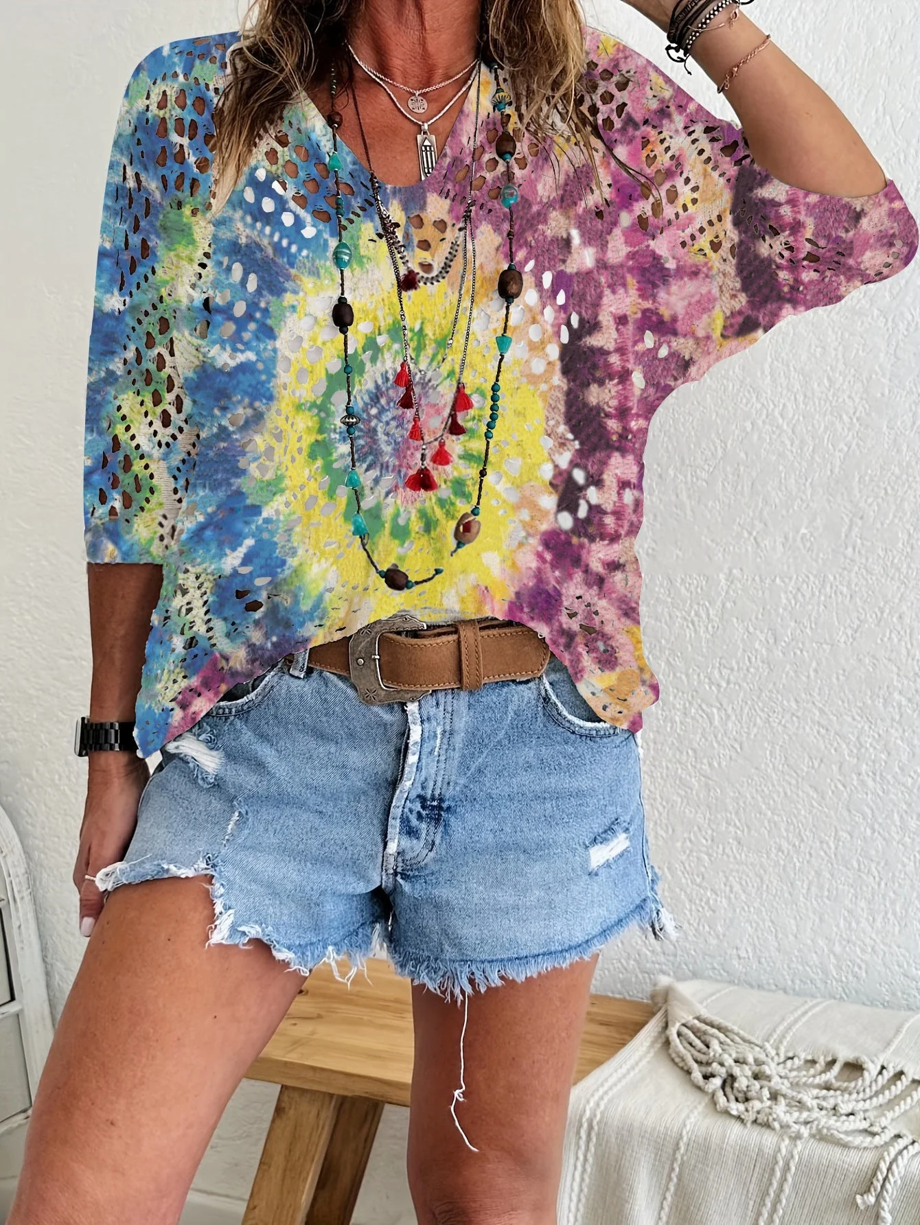 Women's Batwing-Sleeve Sweater – Hollowed-Out 3D Knitted Print Relaxed Fit - Image 15