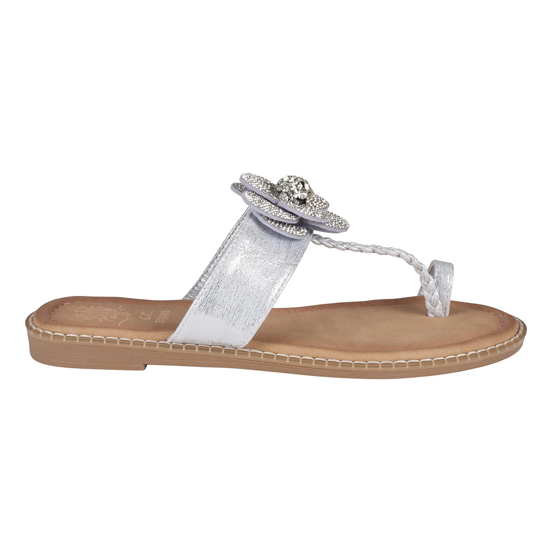 Women's Blossom Silver Embellished Flower Toe Ring Flat Sandals - Image 5