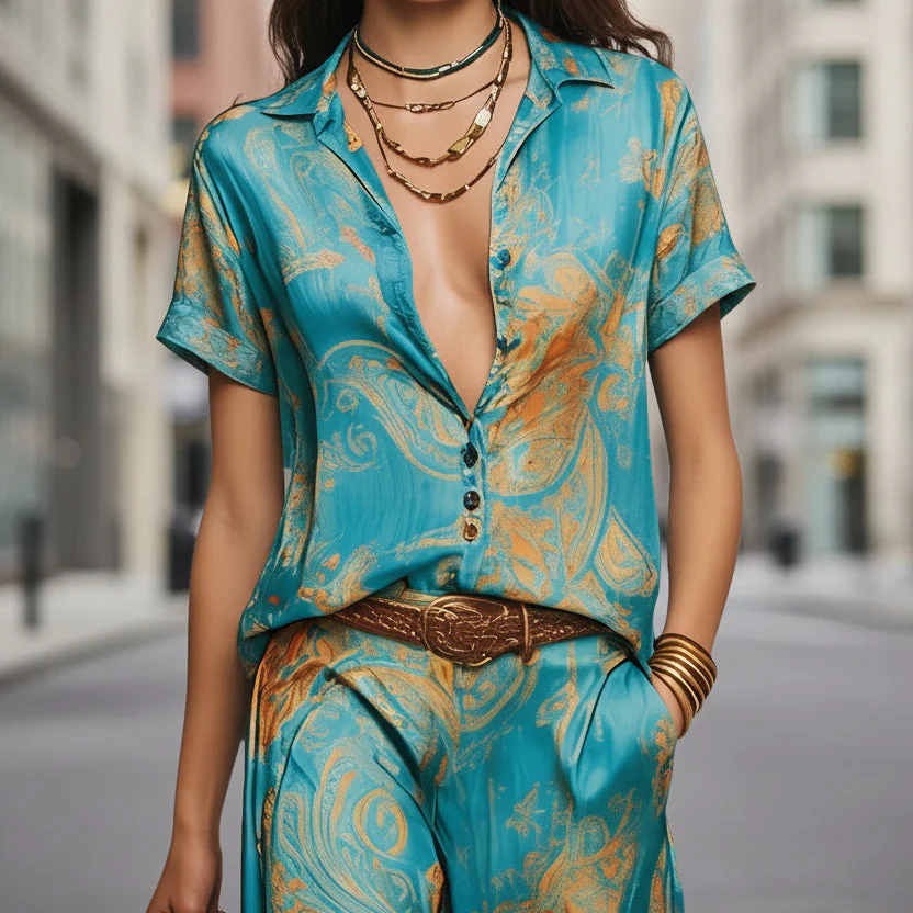 Women's Bohemian Printed Resort Two-Piece Set – 3/4 Sleeve Shirt & Pants - Image 5