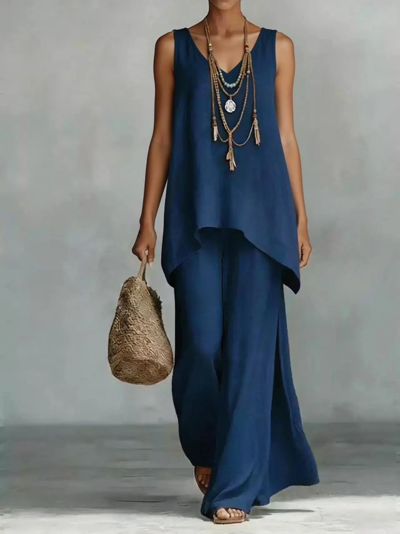 Women's Bohemian Wide-Leg Pants & V-Neck Vest Set – 3D Print - Image 4