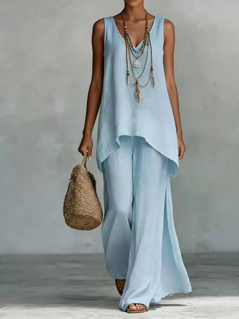 Women's Bohemian Wide-Leg Pants & V-Neck Vest Set – 3D Print - Image 6