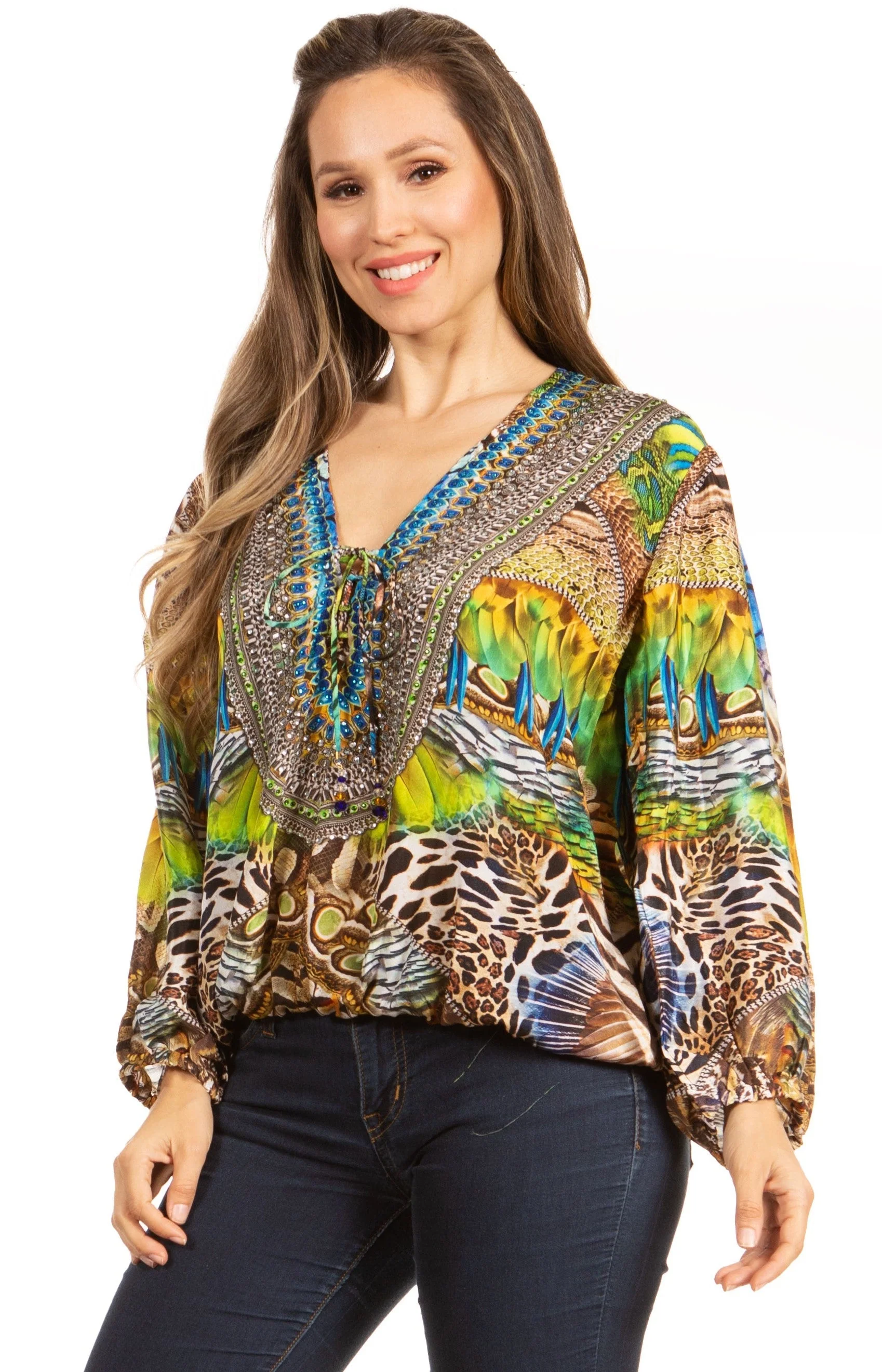 Women's Boho Floral Tunic Top with V-Neck and Elastic Sleeves by Sakkas Sante - Image 14