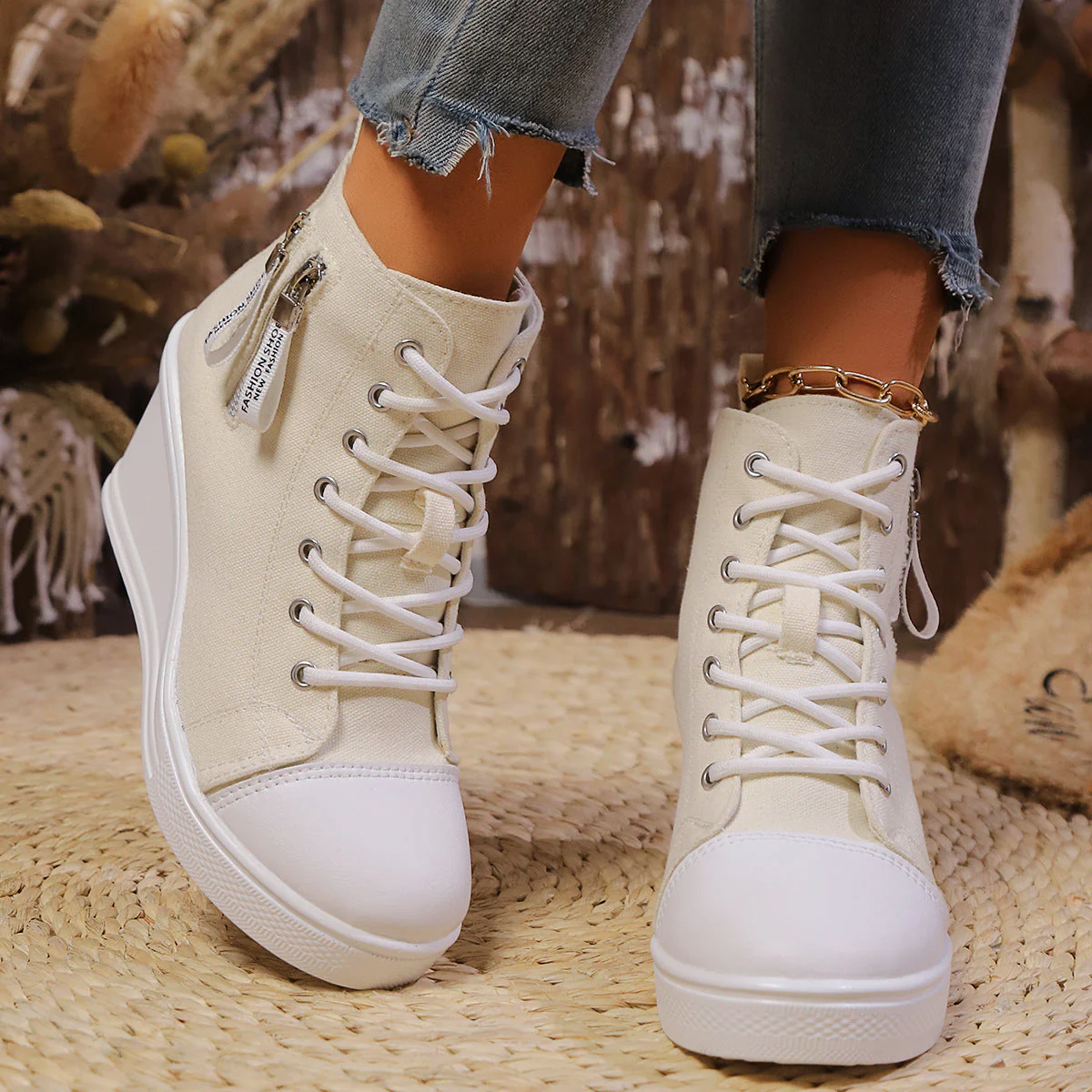 Women's Canvas Wedge Platform Lace-Up Sneakers - Image 6
