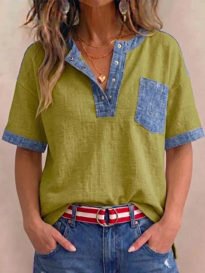 Women's Casual Loose-Fit Color-Block Patchwork Short-Sleeve Top - Image 8