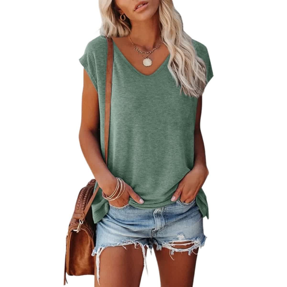 Women's Casual V-Neck Cap Sleeve T-Shirt - Image 15