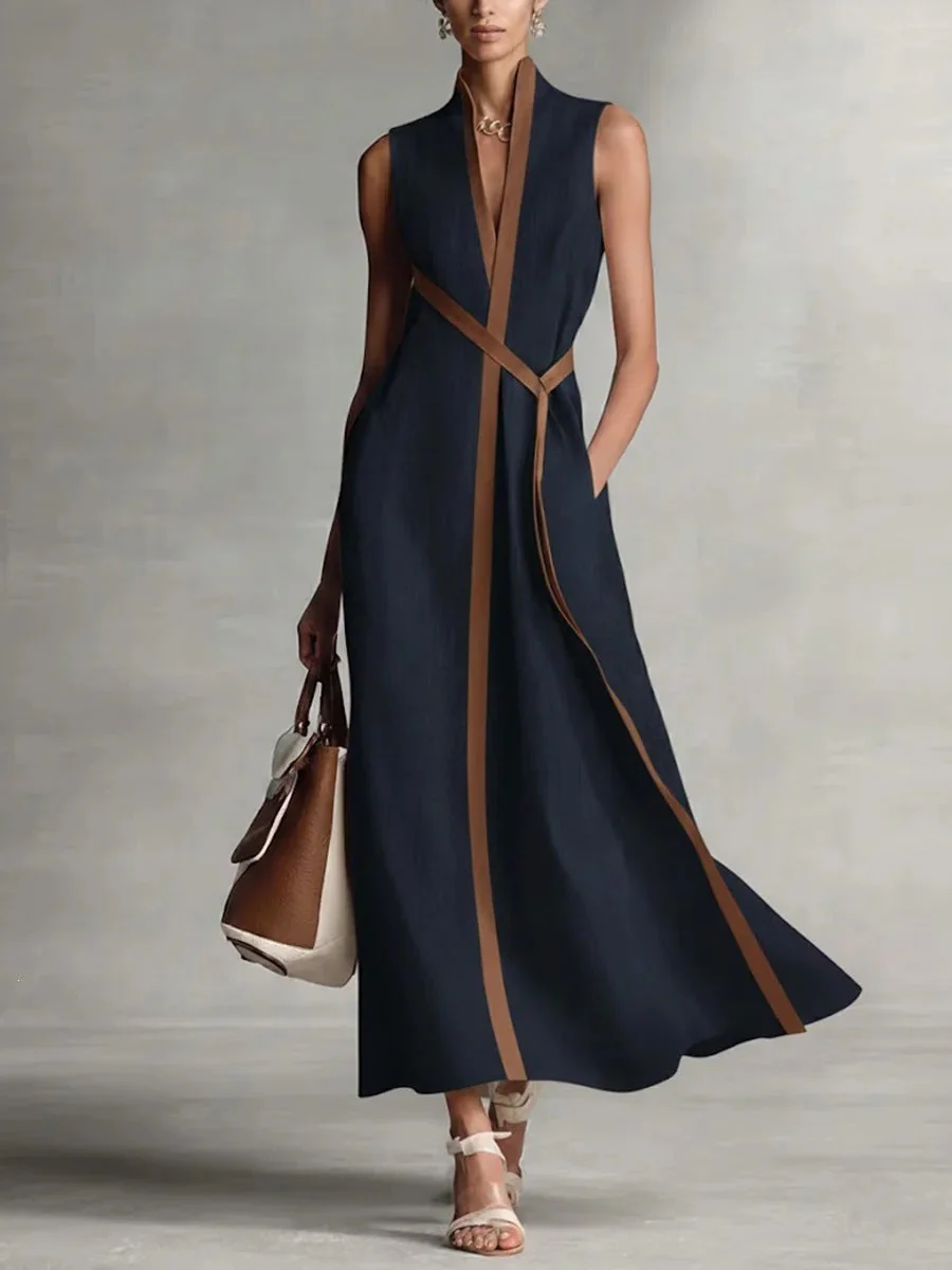 Women's Color Block Sleeveless Stand Collar Linen Blend Dress - Image 3