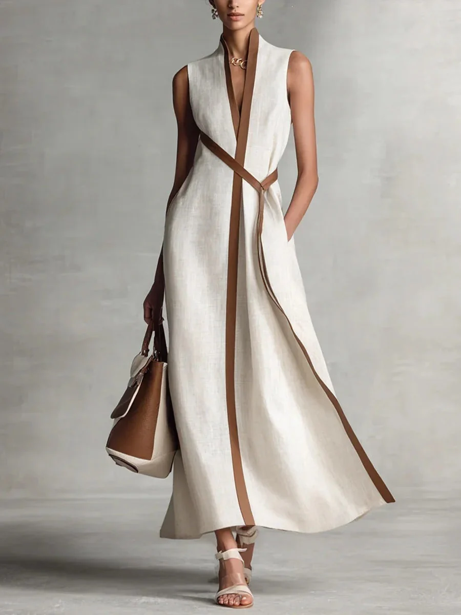 Women's Color Block Sleeveless Stand Collar Linen Blend Dress - Image 5