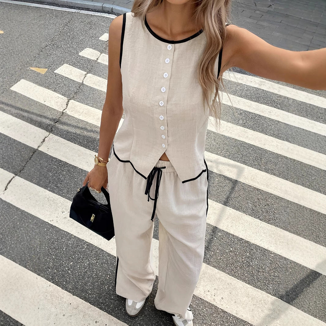 Women's Contrast Color Sleeveless Vest & Drawstring Trousers Suit – 6 Colors S–XXL - Image 4