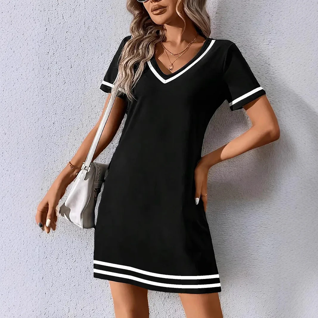 Women's Contrast-Color V-Neck A-Line Dress – Short Sleeve, Elegant, Mid-Rise
