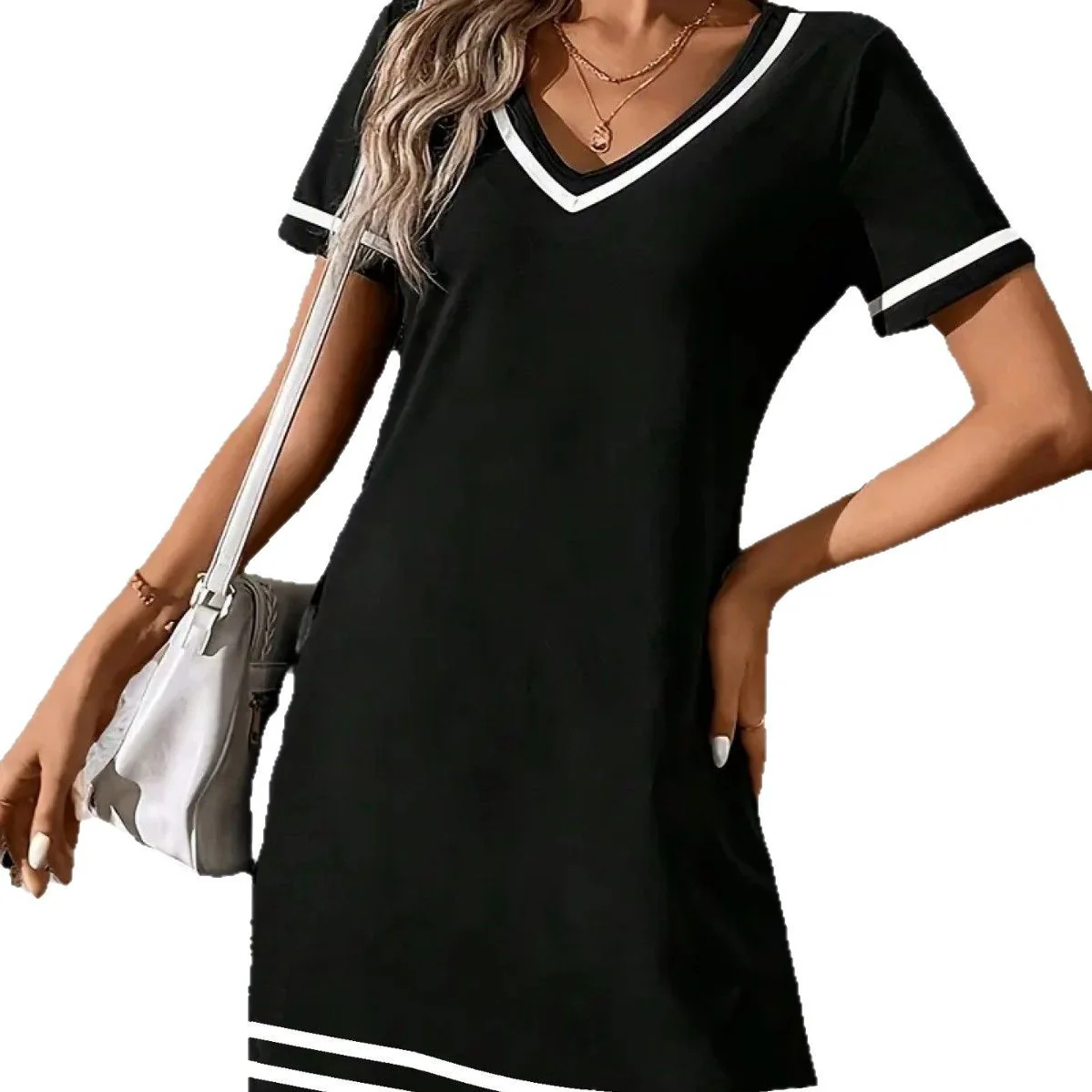Women's Contrast-Color V-Neck A-Line Dress – Short Sleeve, Elegant, Mid-Rise - Image 2