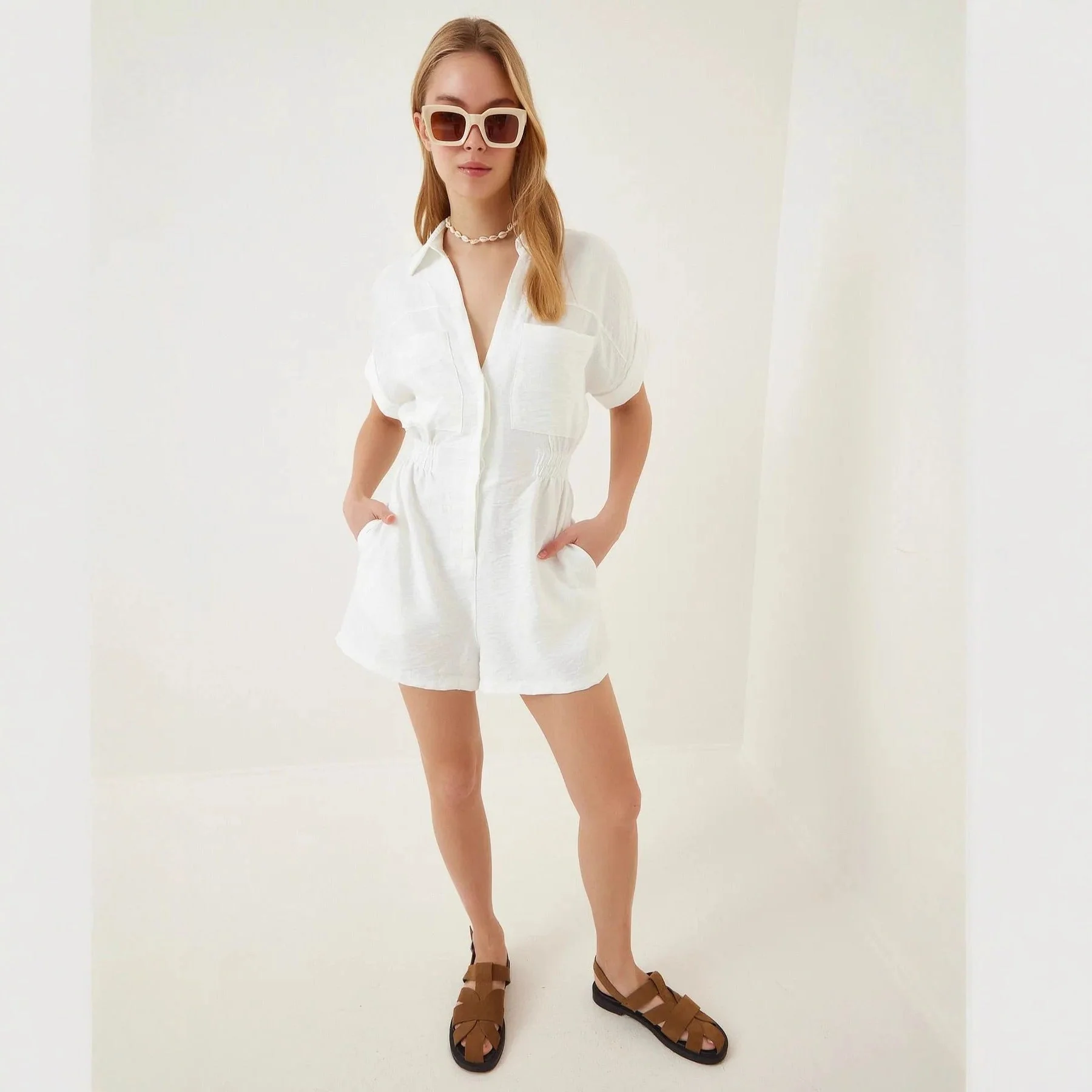 Women's Cotton Linen Loose-Fit Workwear Jumpsuit With Pockets - Image 3