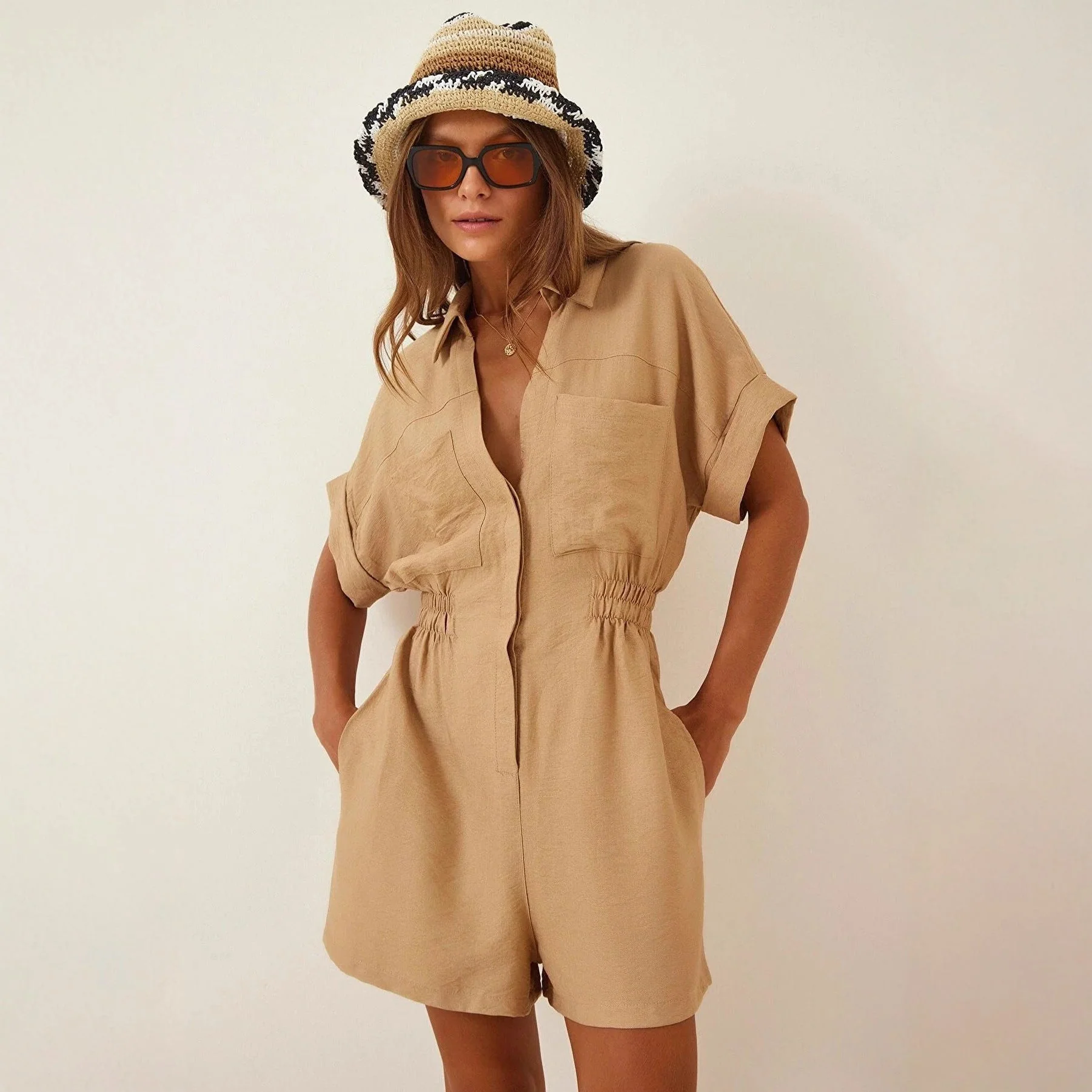 Women's Cotton Linen Loose-Fit Workwear Jumpsuit With Pockets - Image 5