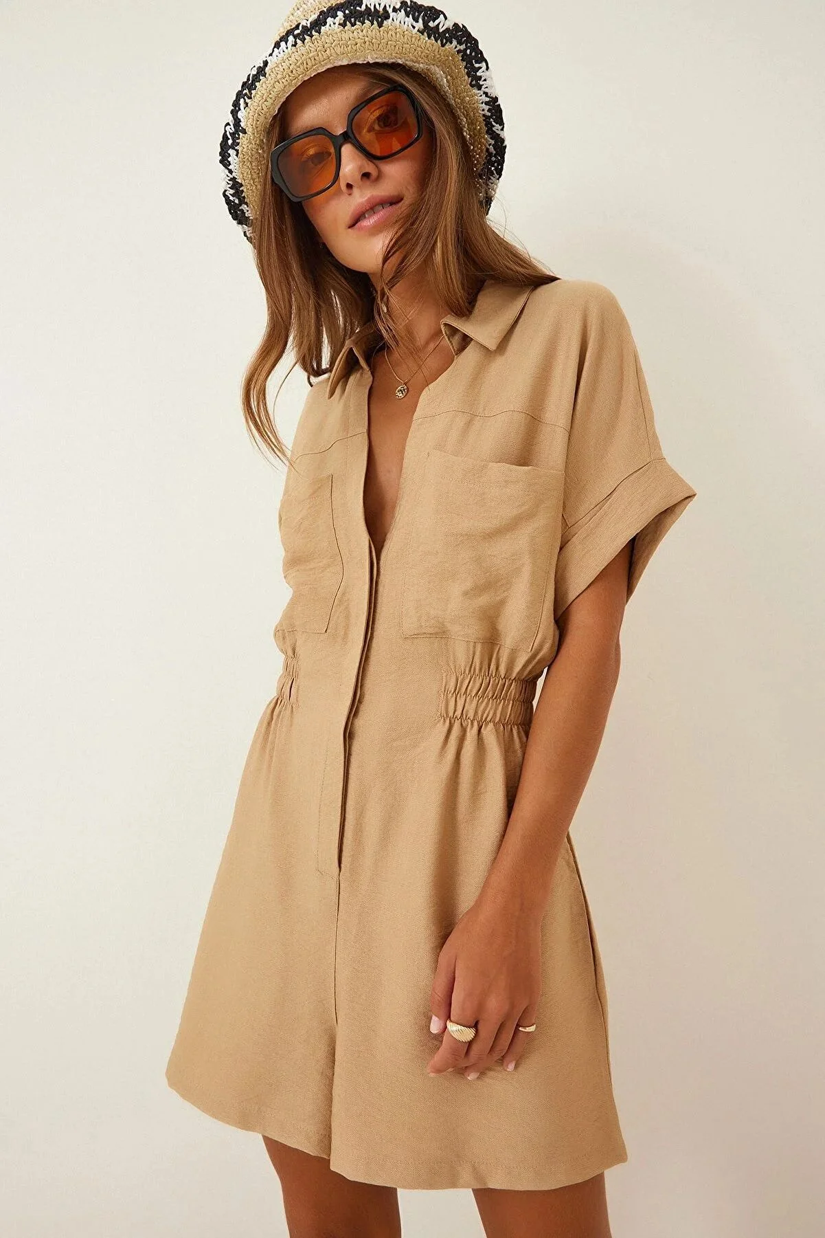 Women's Cotton Linen Loose-Fit Workwear Jumpsuit With Pockets - Image 8