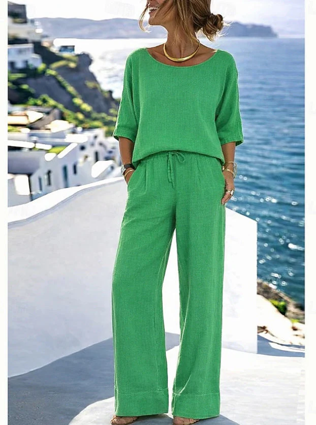 Women's Cotton Linen Resort Set – Short Sleeve Top & Wide-Leg Pants - Image 10
