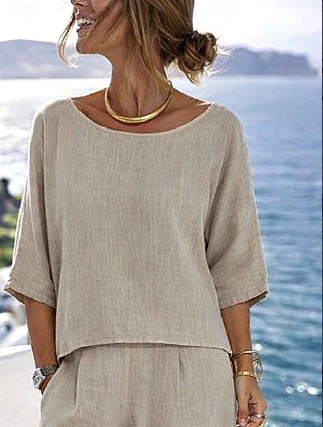 Women's Cotton Linen Resort Set – Short Sleeve Top & Wide-Leg Pants - Image 11