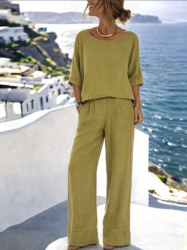 Women's Cotton Linen Resort Set – Short Sleeve Top & Wide-Leg Pants - Image 12